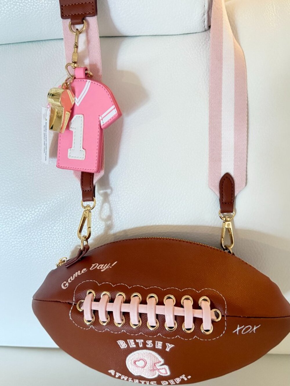 NWT Betsy Johnson xotoss Game Day Football Shaped Crossbody Bag clutch w charms - Picture 3 of 6